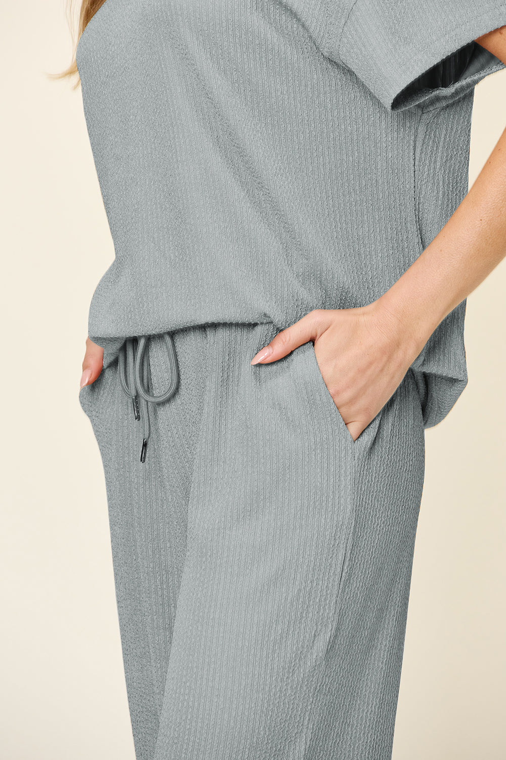 Double Take Full Size Texture Round Neck Short Sleeve T-Shirt and Wide Leg Pants Set