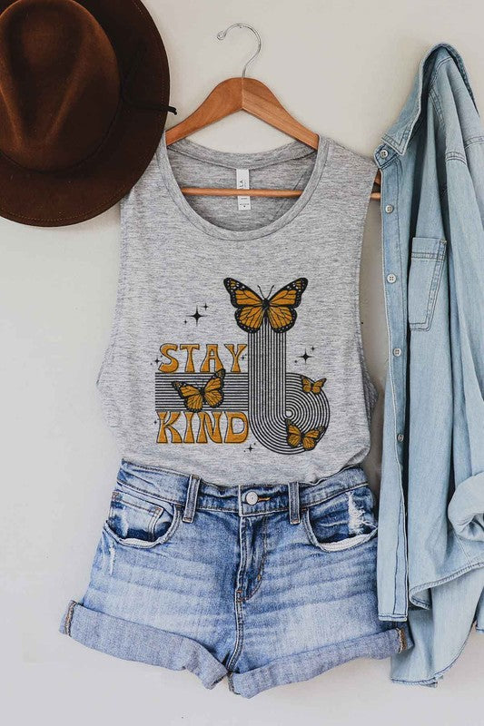 STAY KIND BUTTERFLY GRAPHIC MUSCLE TANK