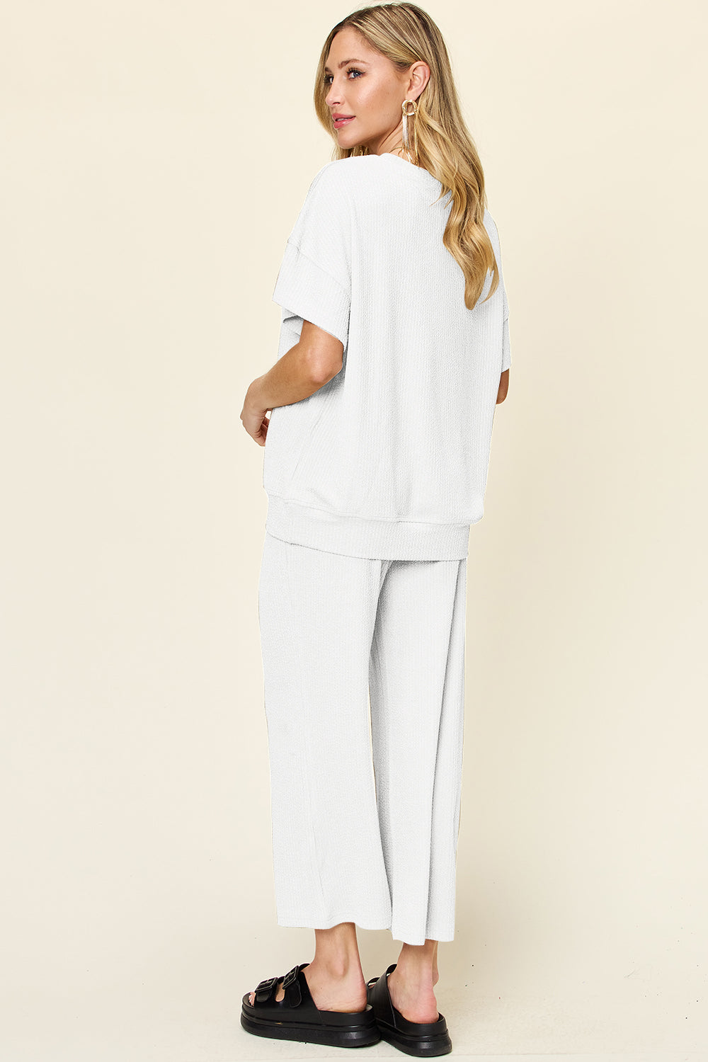 Double Take Full Size Texture Round Neck Short Sleeve T-Shirt and Wide Leg Pants Set