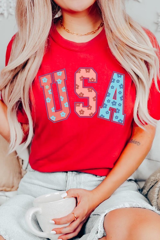 Floral USA 4th of July Graphic T Shirts
