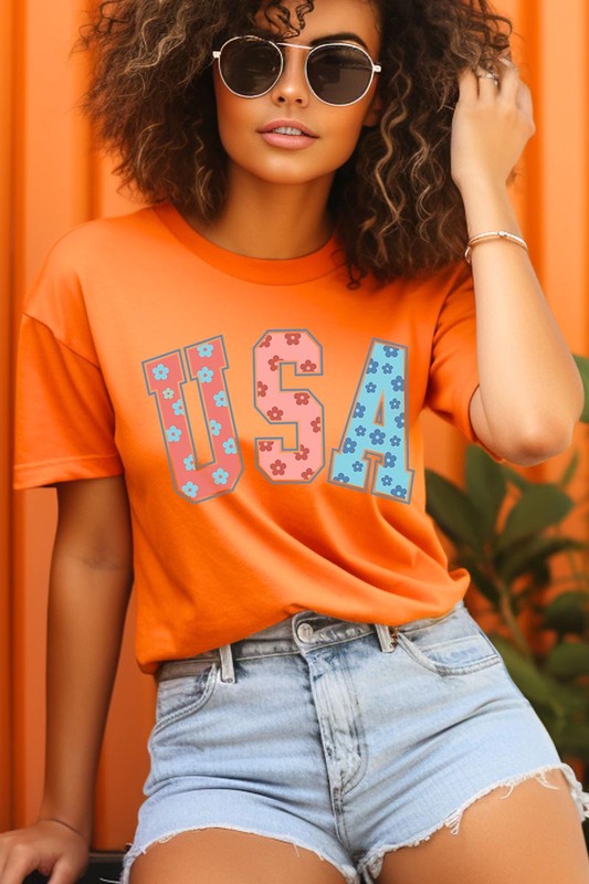 Floral USA 4th of July Graphic T Shirts