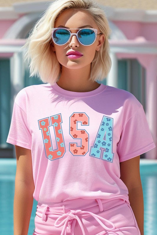 Floral USA 4th of July Graphic T Shirts