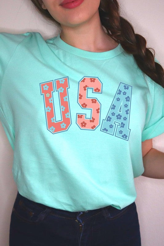 Floral USA 4th of July Graphic T Shirts