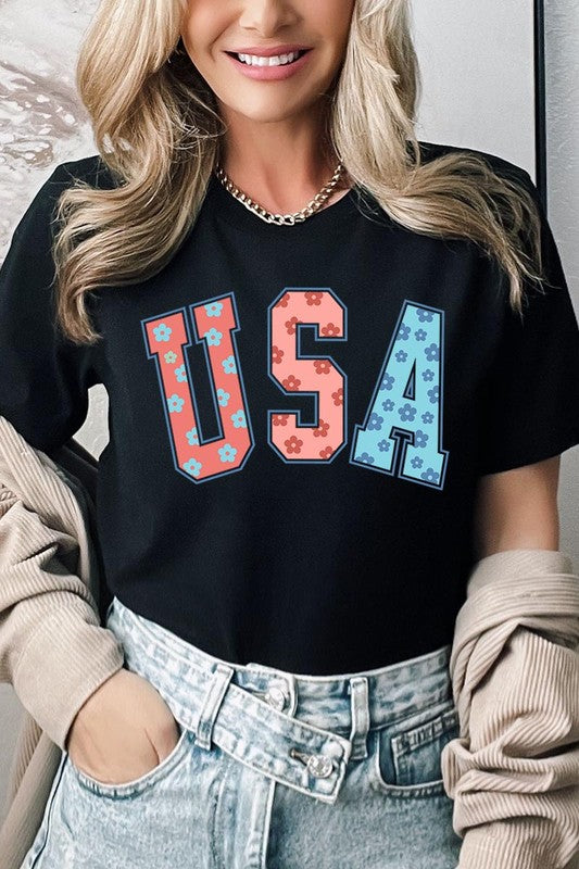 Floral USA 4th of July Graphic T Shirts