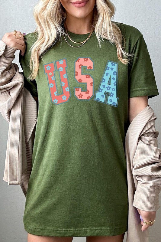 Floral USA 4th of July Graphic T Shirts