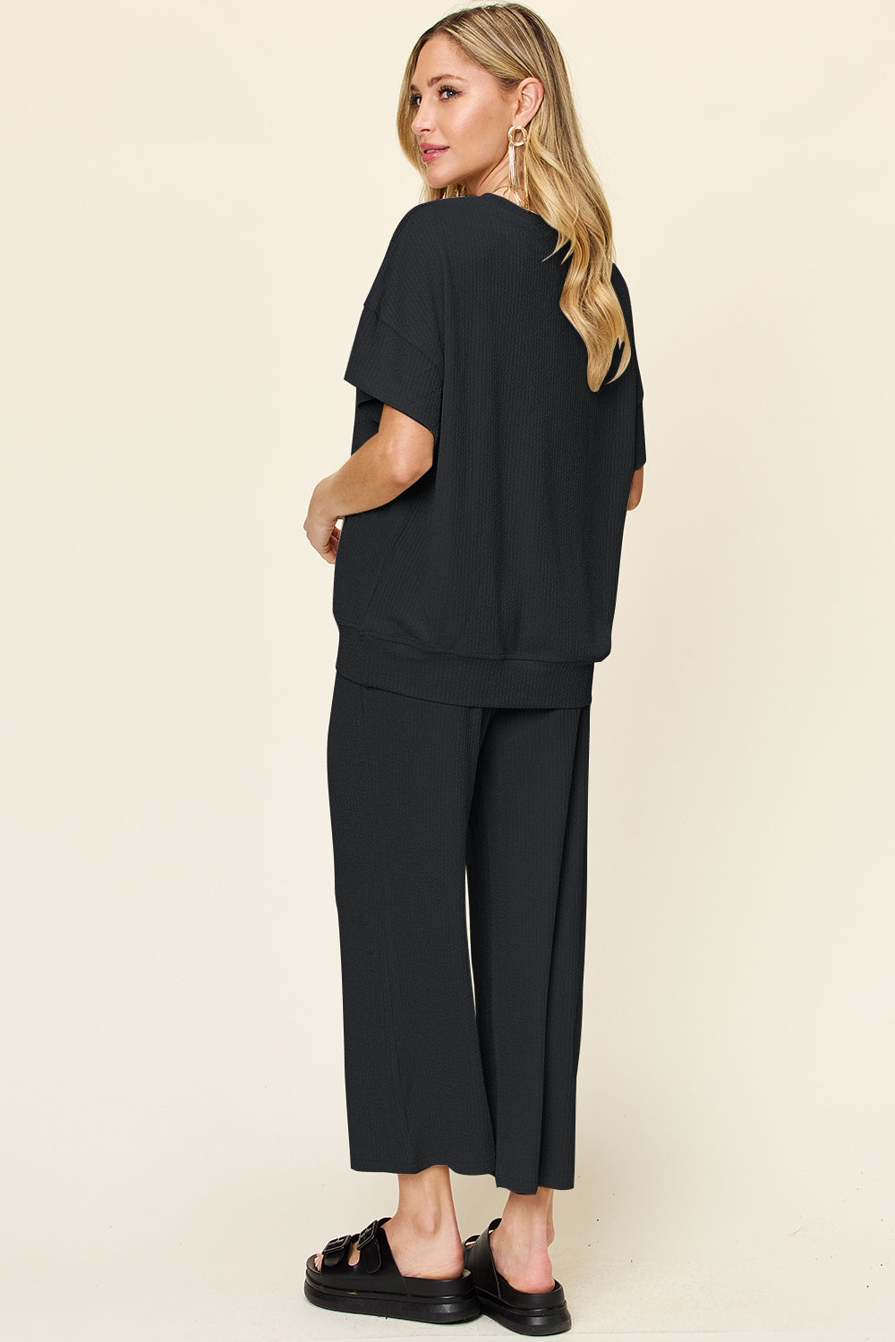 Double Take Full Size Texture Round Neck Short Sleeve T-Shirt and Wide Leg Pants Set