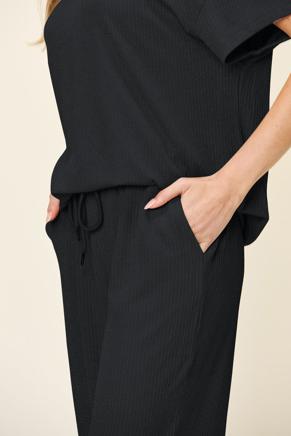 Double Take Full Size Texture Round Neck Short Sleeve T-Shirt and Wide Leg Pants Set