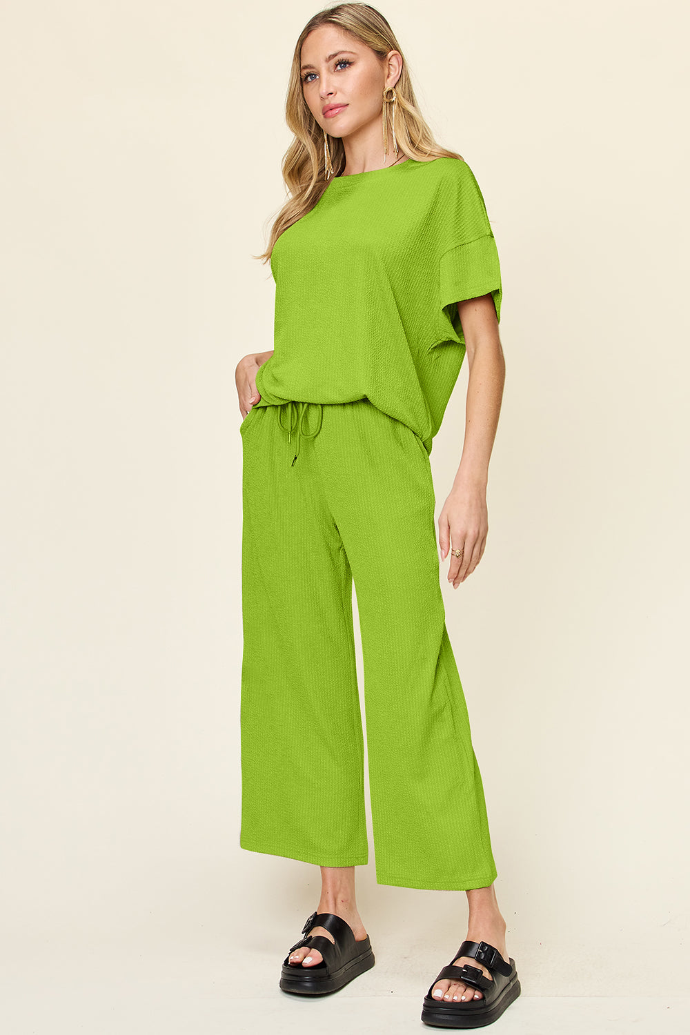 Double Take Full Size Texture Round Neck Short Sleeve T-Shirt and Wide Leg Pants Set