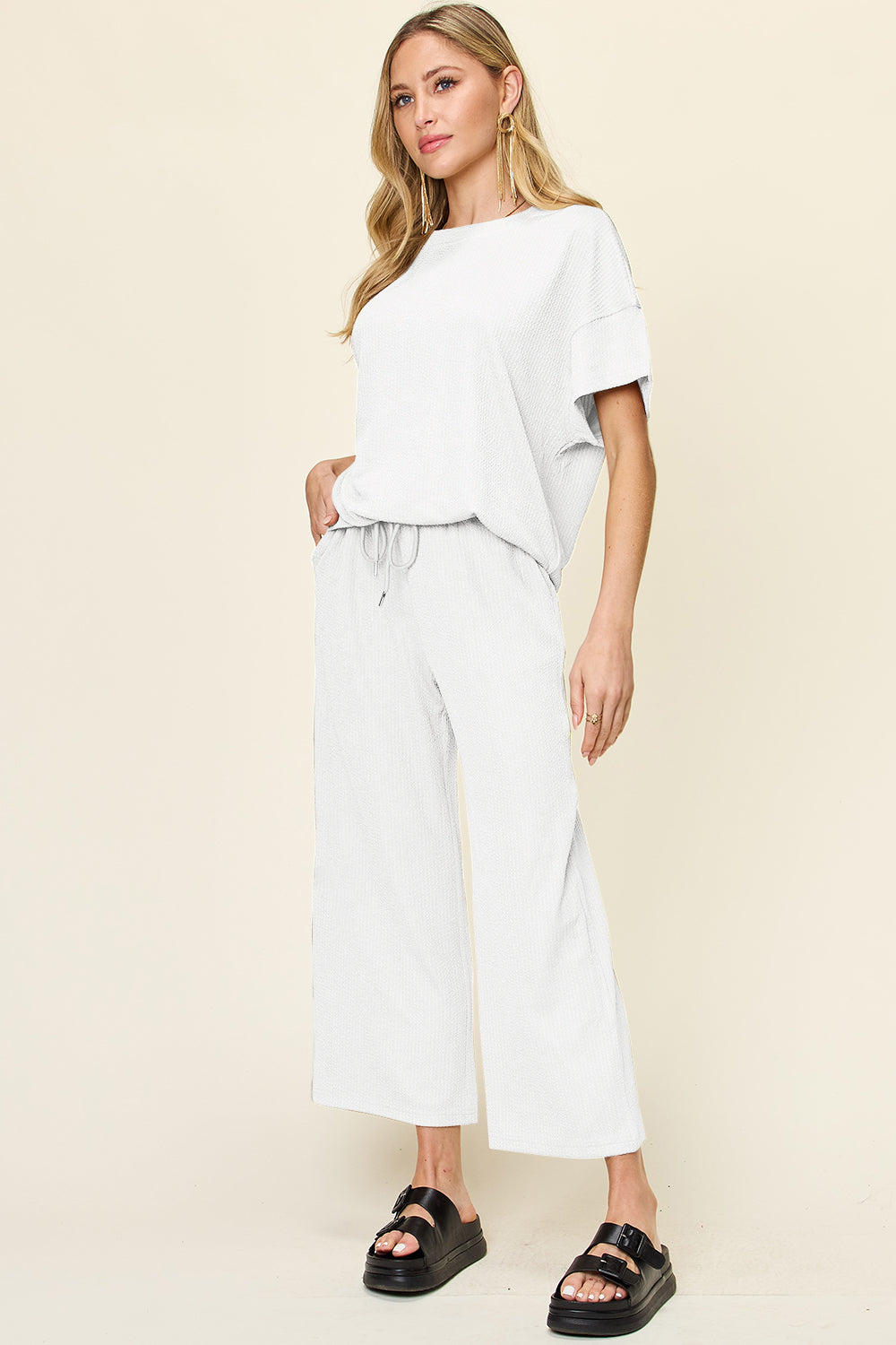 Double Take Full Size Texture Round Neck Short Sleeve T-Shirt and Wide Leg Pants Set