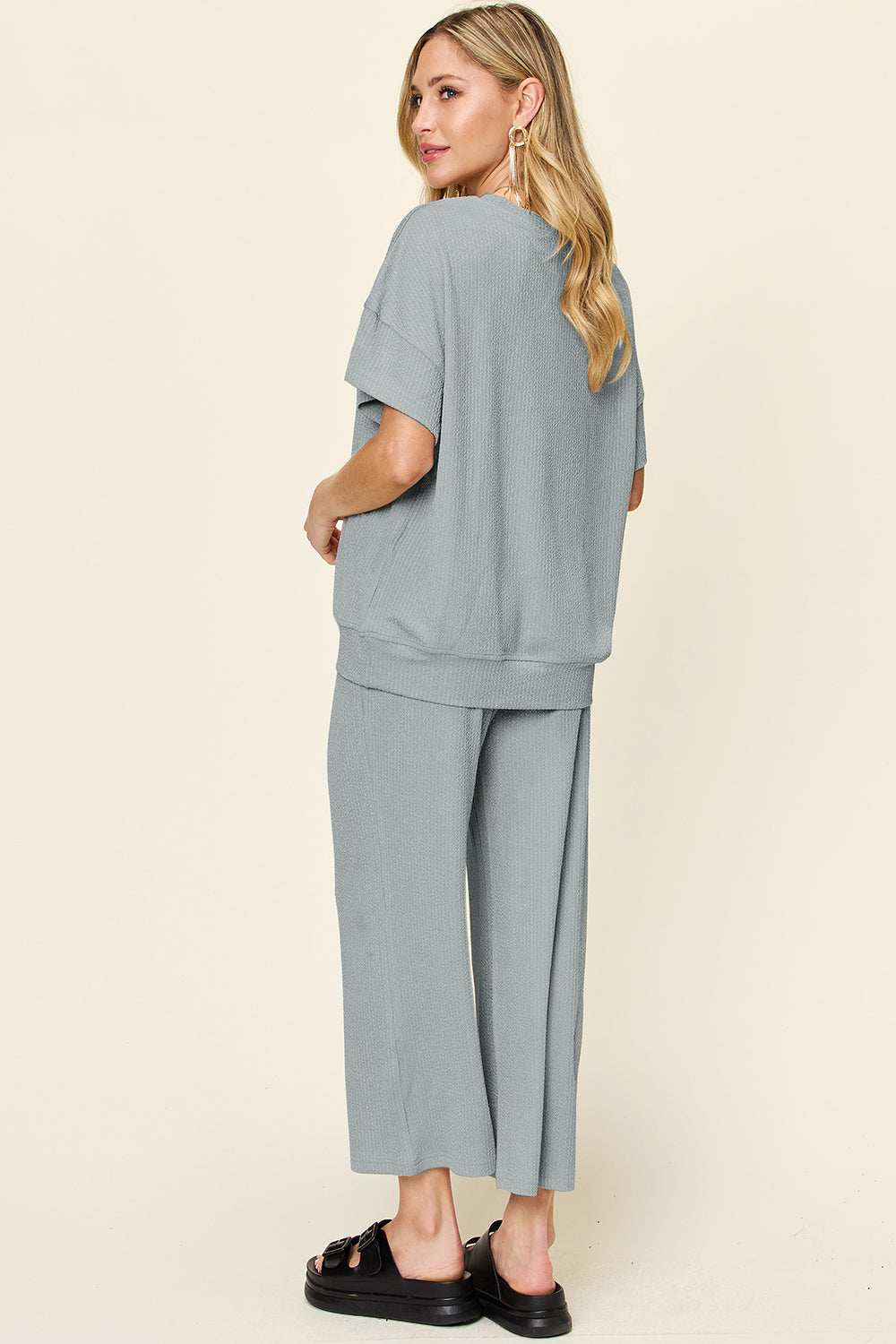 Double Take Full Size Texture Round Neck Short Sleeve T-Shirt and Wide Leg Pants Set