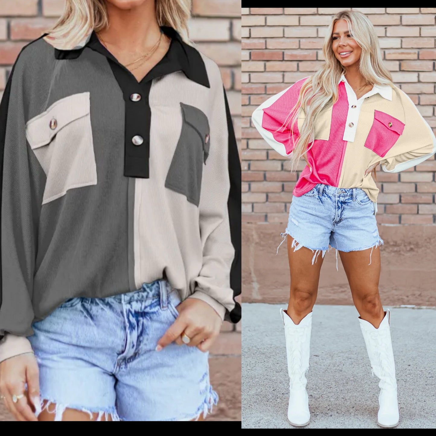 Color Block Collared Neck Long Sleeve Sweatshirt