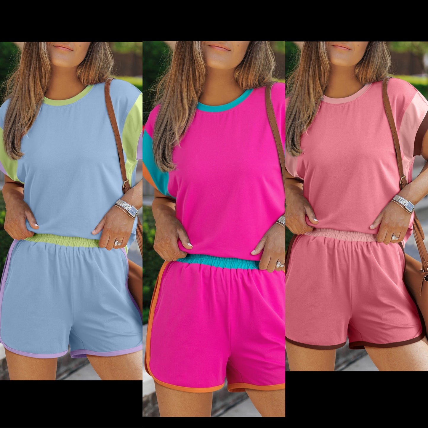 Contrast Round Neck Top and Shorts Set