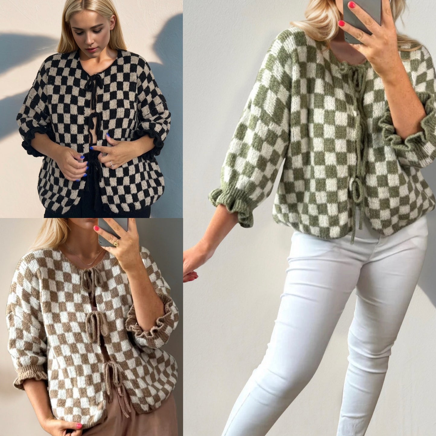 Double Take Tied Checkered Dropped Shoulder Flounce Sleeve Cardigan