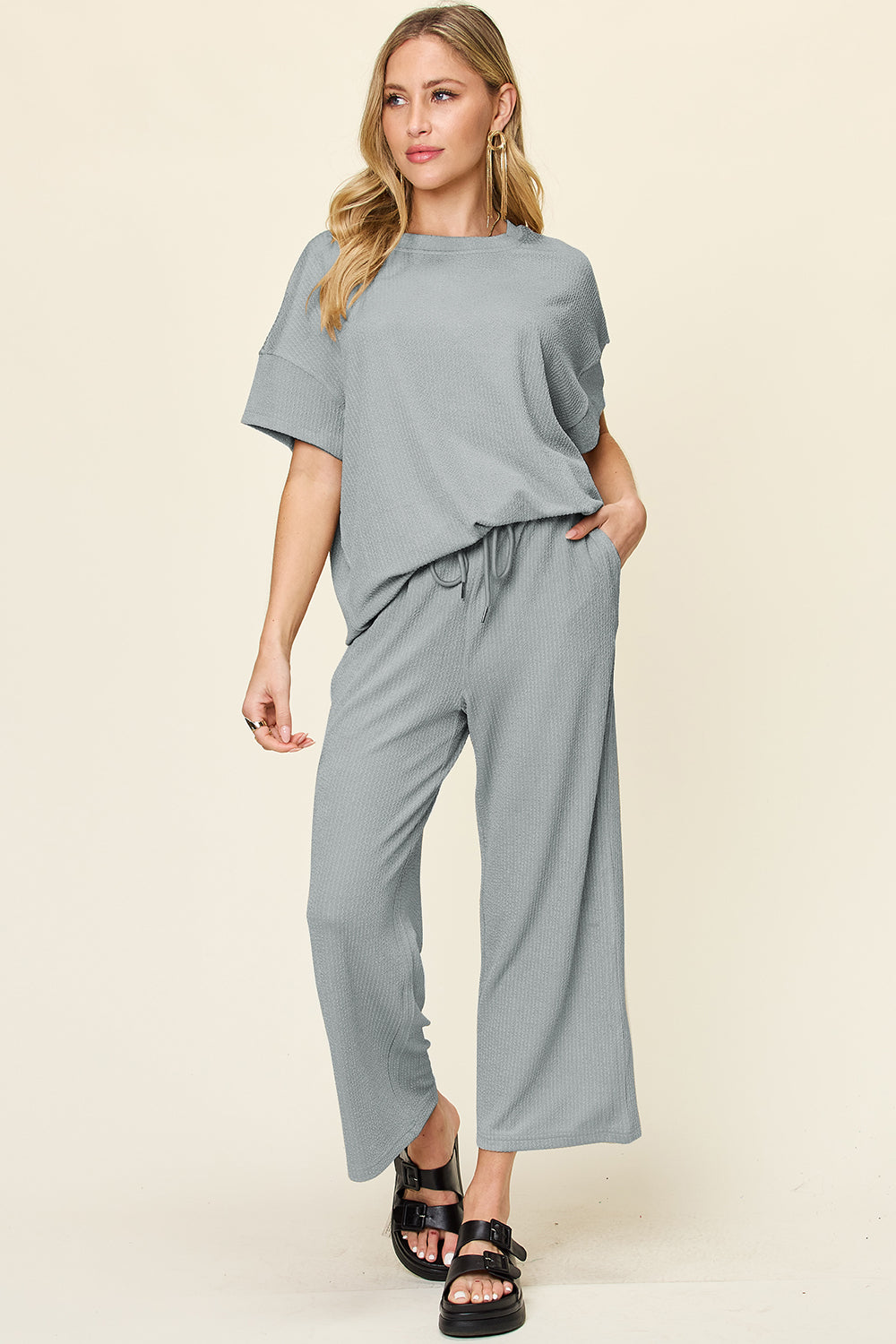 Double Take Full Size Texture Round Neck Short Sleeve T-Shirt and Wide Leg Pants Set