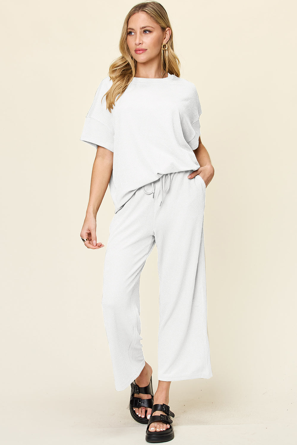 Double Take Full Size Texture Round Neck Short Sleeve T-Shirt and Wide Leg Pants Set