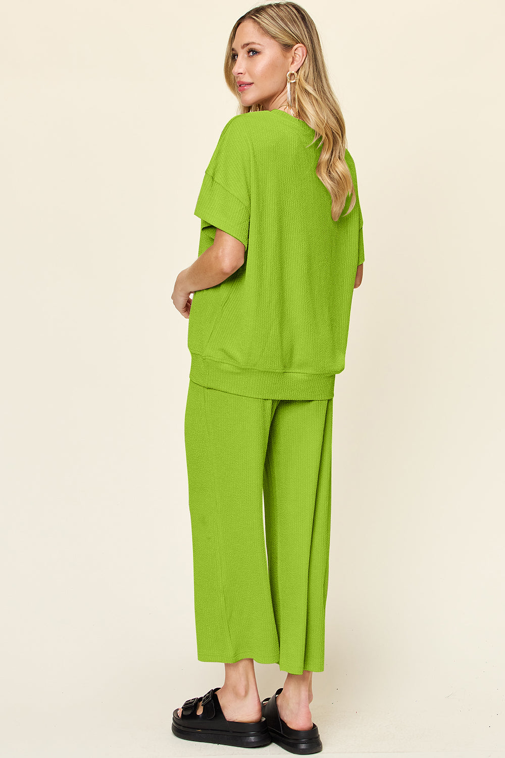 Double Take Full Size Texture Round Neck Short Sleeve T-Shirt and Wide Leg Pants Set