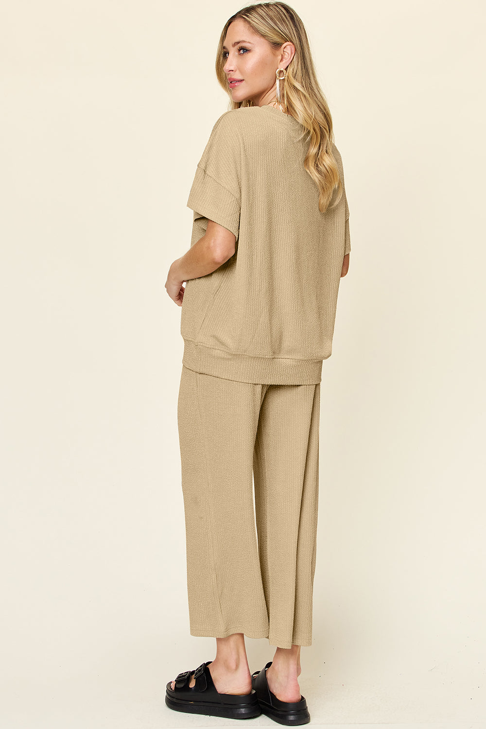 Double Take Full Size Texture Round Neck Short Sleeve T-Shirt and Wide Leg Pants Set
