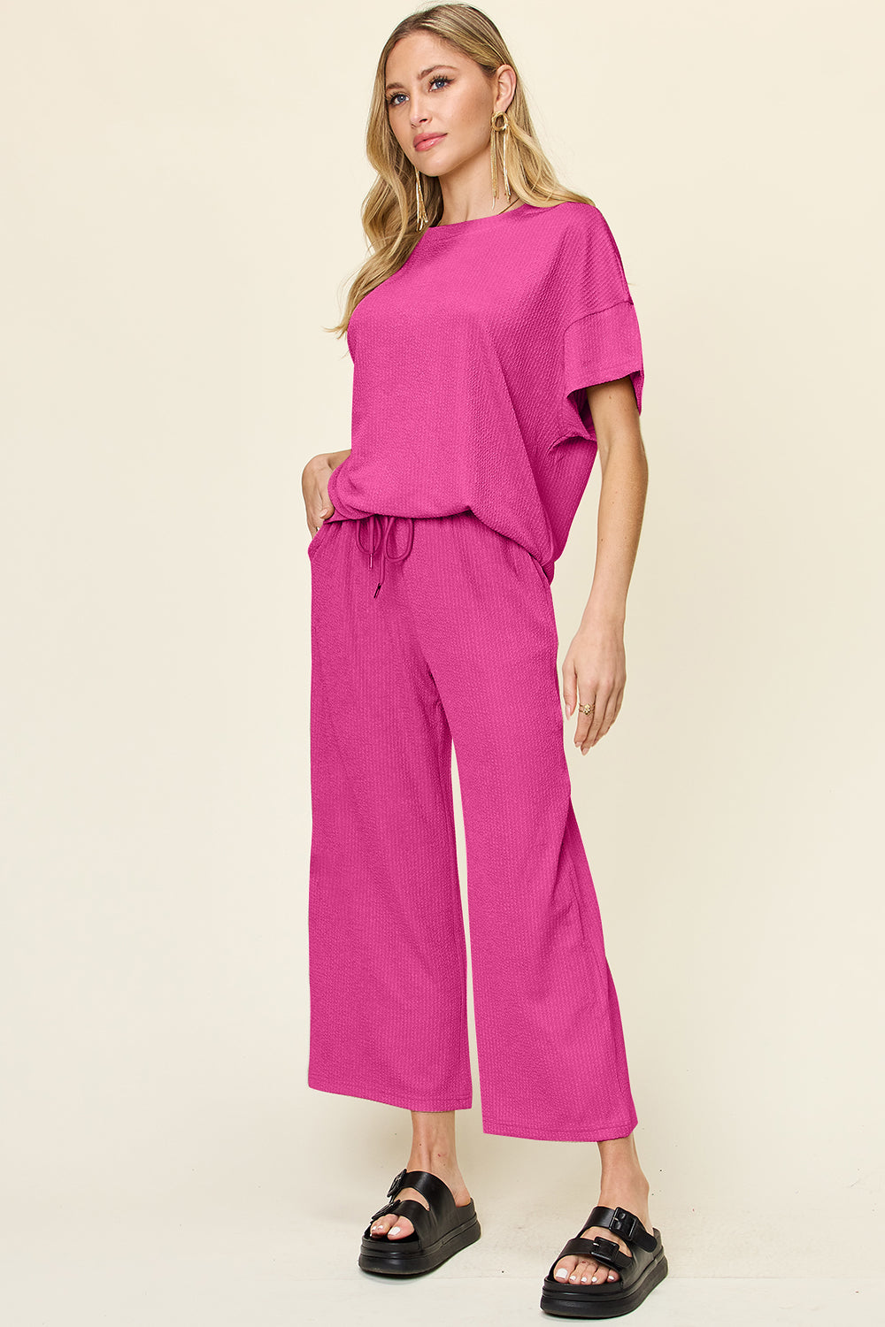 Double Take Full Size Texture Round Neck Short Sleeve T-Shirt and Wide Leg Pants Set