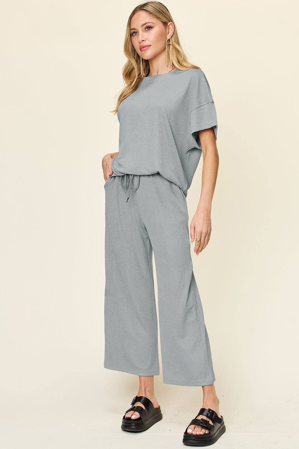 Double Take Full Size Texture Round Neck Short Sleeve T-Shirt and Wide Leg Pants Set