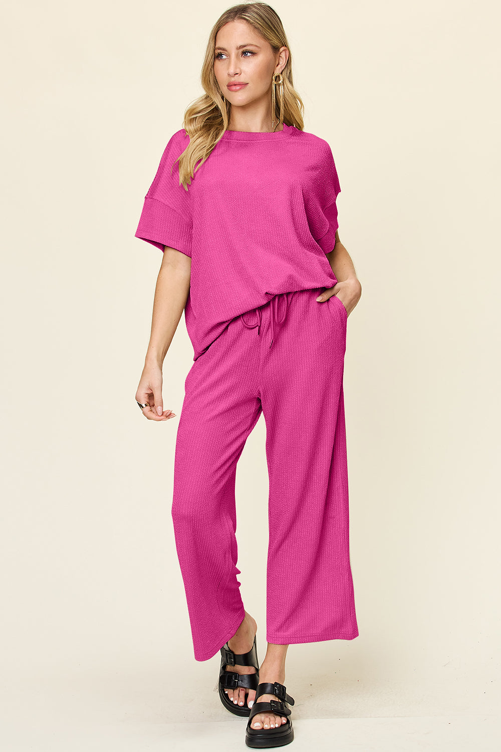 Double Take Full Size Texture Round Neck Short Sleeve T-Shirt and Wide Leg Pants Set