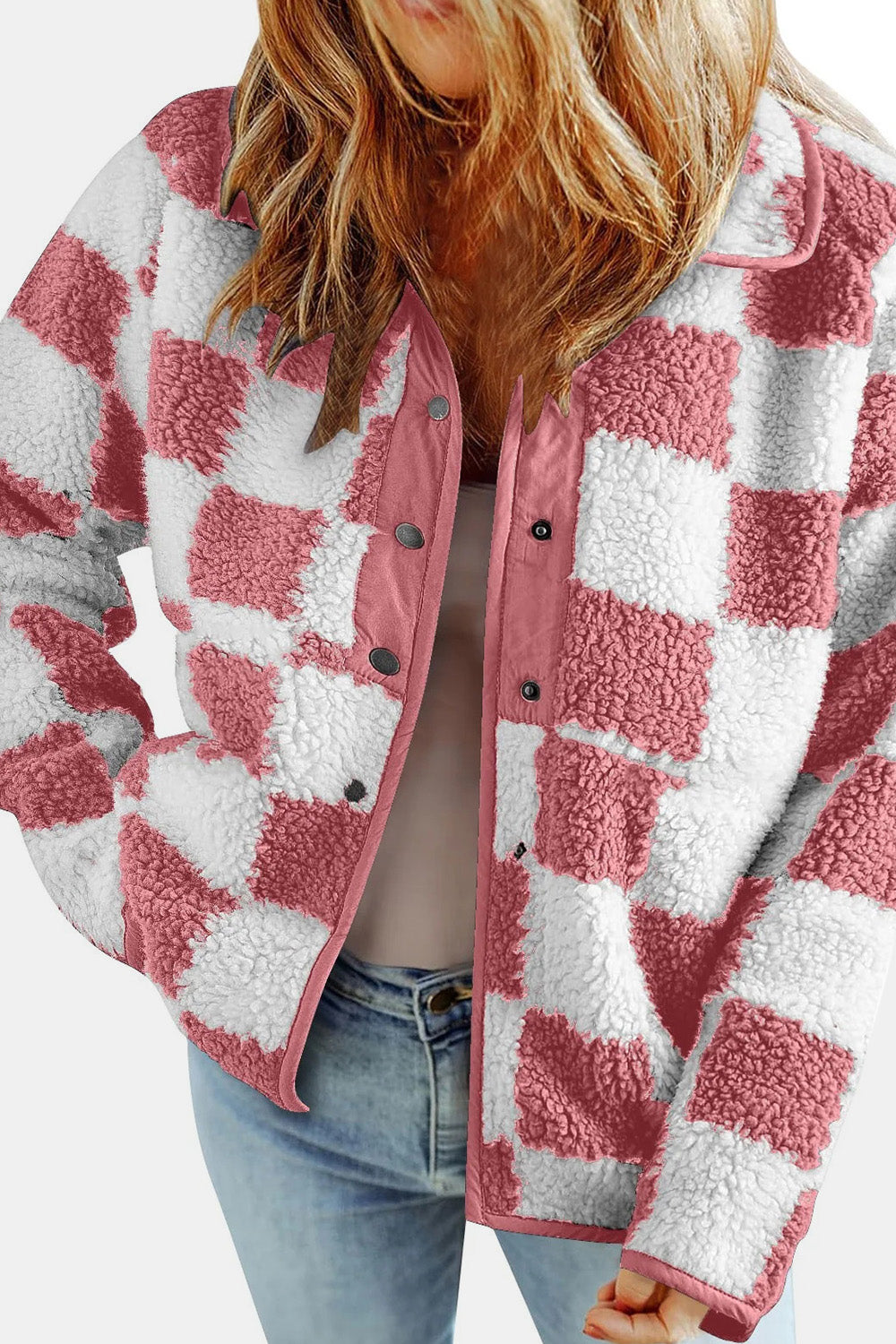 Checkered Snap Down Long Sleeve Teddy Jacket