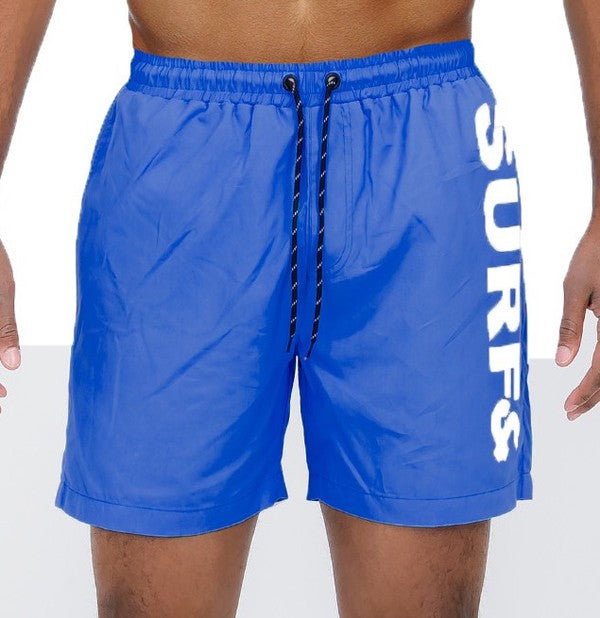 Solid Lined Beach Swim Text Swim Shorts