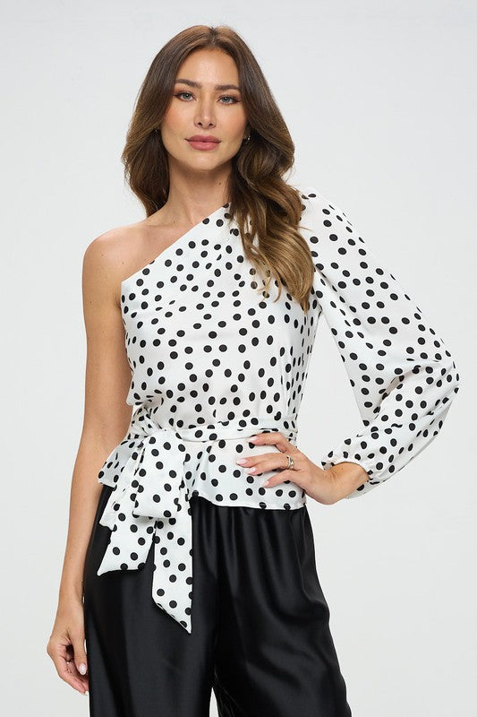 Polka Dot One Shoulder Formal Top with Tie