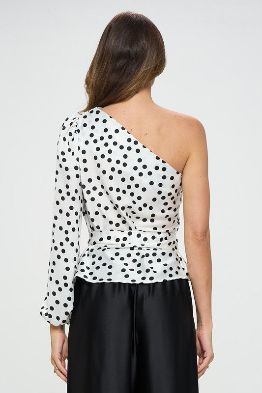 Polka Dot One Shoulder Formal Top with Tie