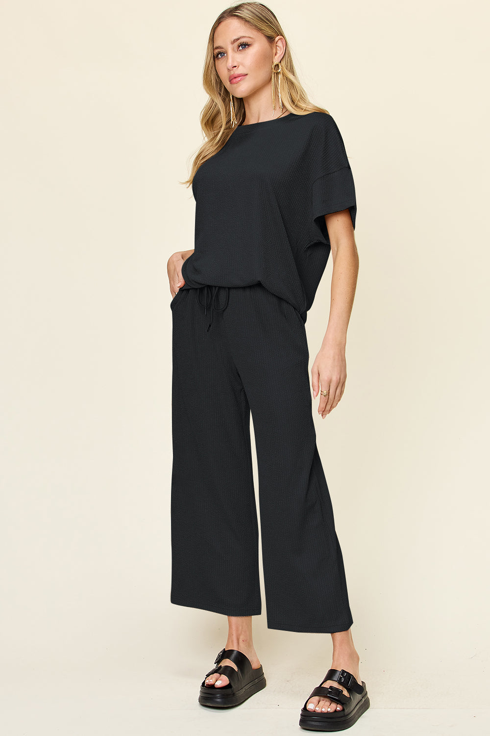 Double Take Full Size Texture Round Neck Short Sleeve T-Shirt and Wide Leg Pants Set