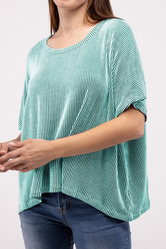 Ribbed Striped Oversized Short Sleeve Top