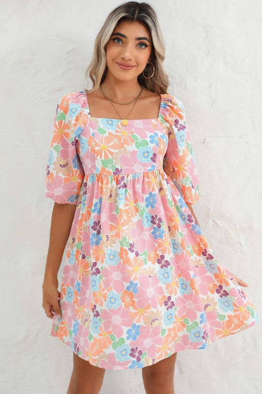 Floral Square Neck Puff Sleeve Babydoll Dress