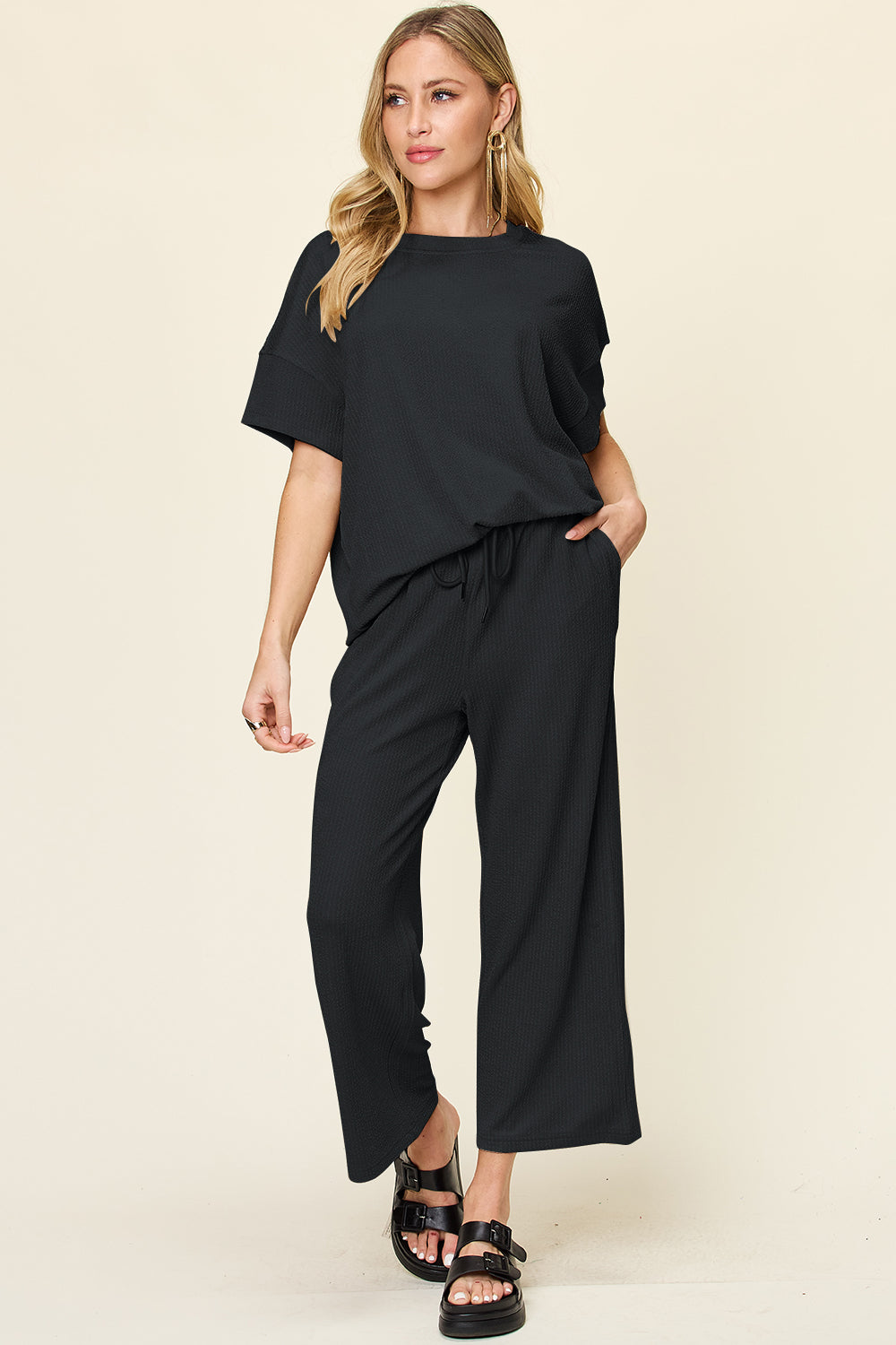 Double Take Full Size Texture Round Neck Short Sleeve T-Shirt and Wide Leg Pants Set