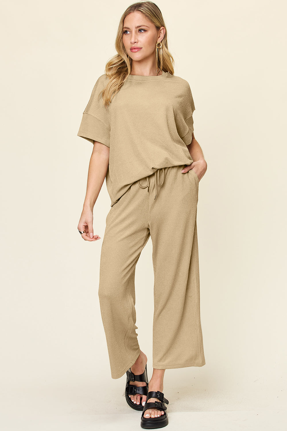 Double Take Full Size Texture Round Neck Short Sleeve T-Shirt and Wide Leg Pants Set