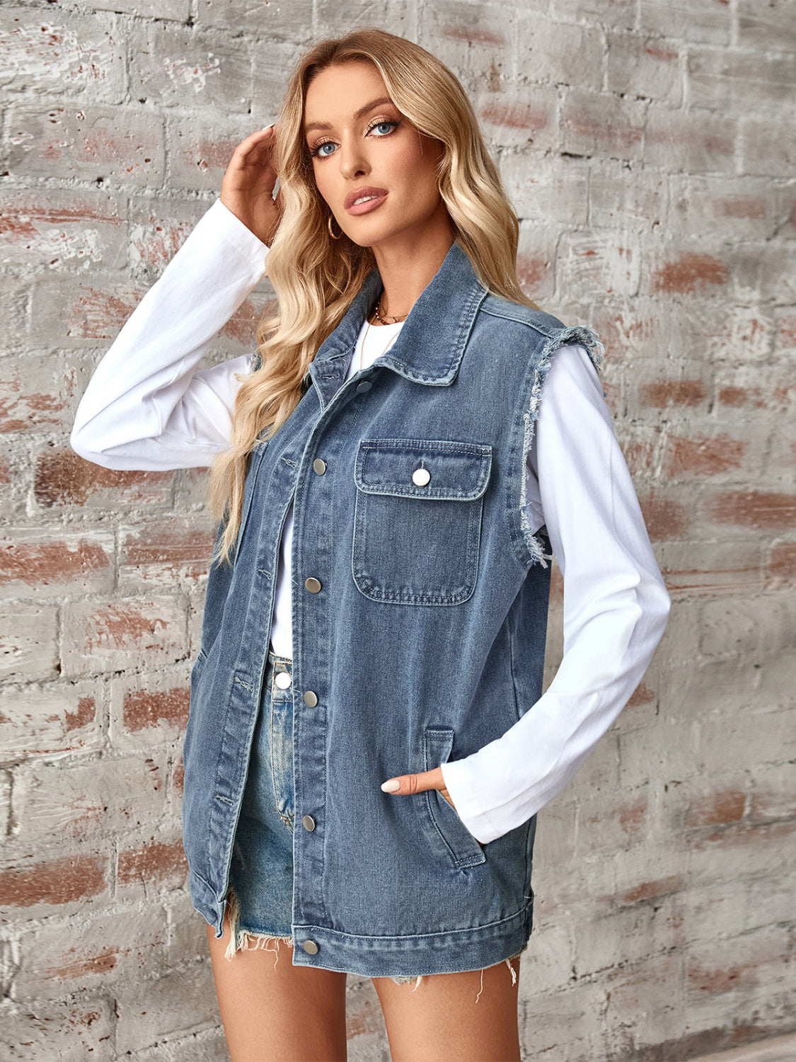 Raw Hem Sleeveless Button Up Denim Jacket