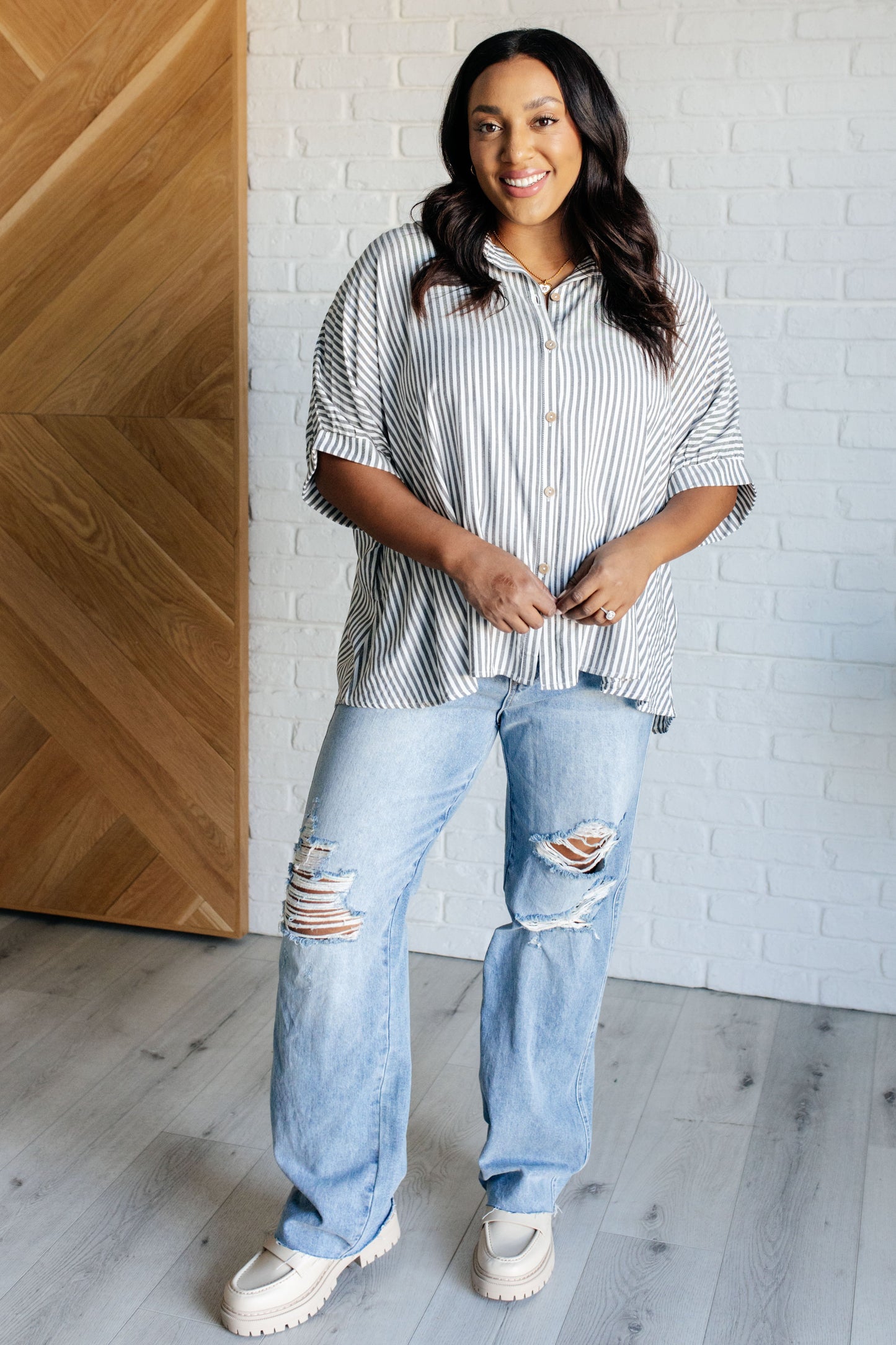 Boxy Striped Button Up in Black