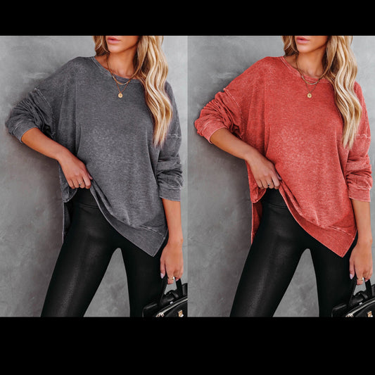 Waffle Knit Side Slit Drop Shoulder Sweatshirt