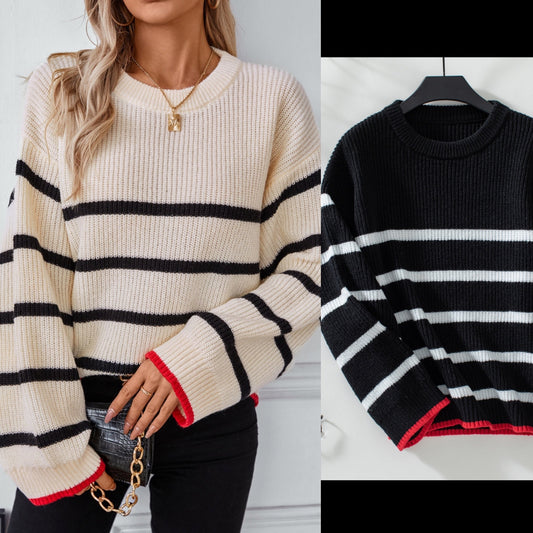Striped Round Neck Dropped Shoulder Sweater