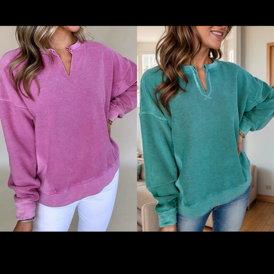 Notched Dropped Shoulder Long Sleeve Sweatshirt