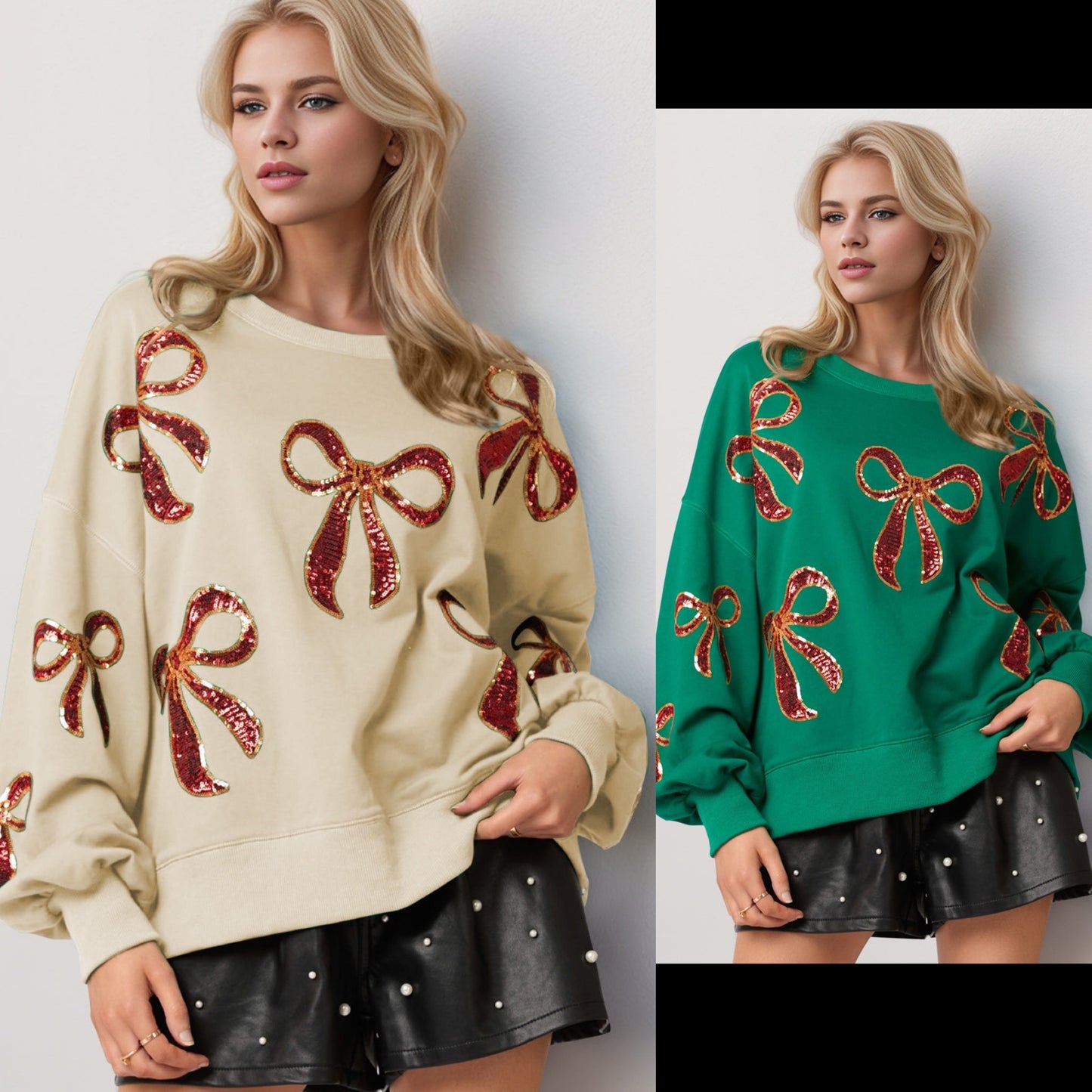 Double Take Christmas Bow Sequin Round Neck Dropped Shoulder Sweatshirt