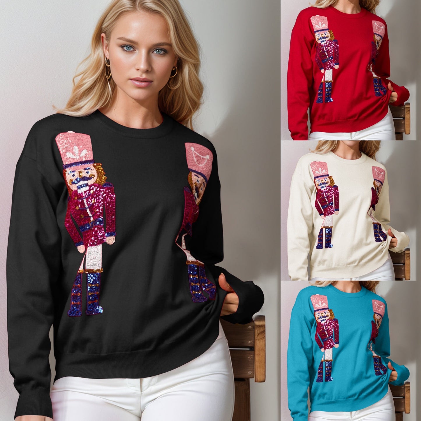 Double Take Full Size Nutcracker Sequin Long Sleeve Sweater