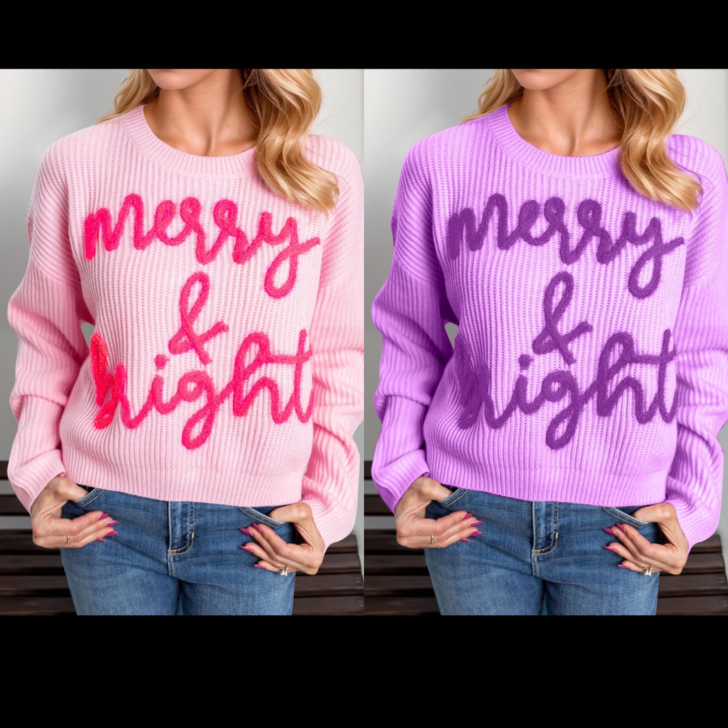 Double Take Full Size MERRY & BRIGHT Christmas Dropped Shoulder Cropped Sweater