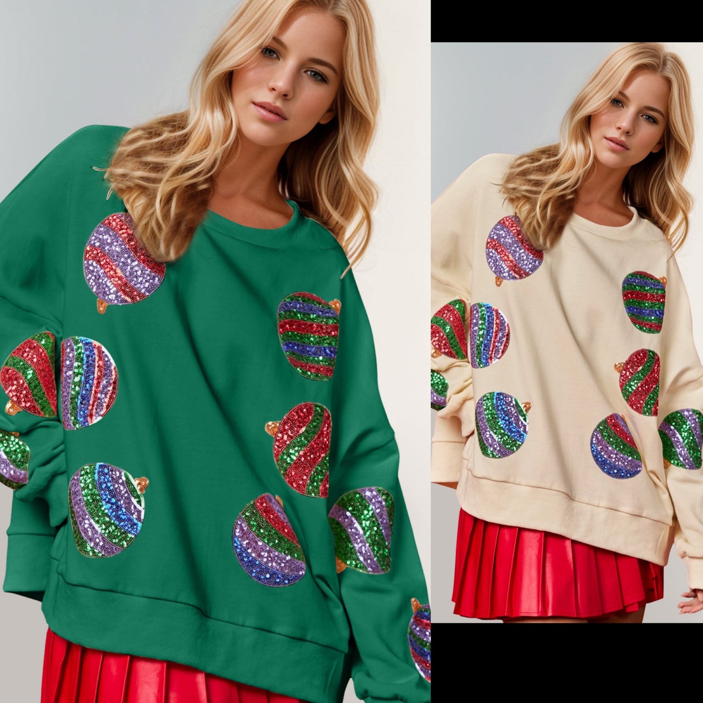 Double Take Christmas Element Sequin Round Neck Long Sleeve Sweatshirt