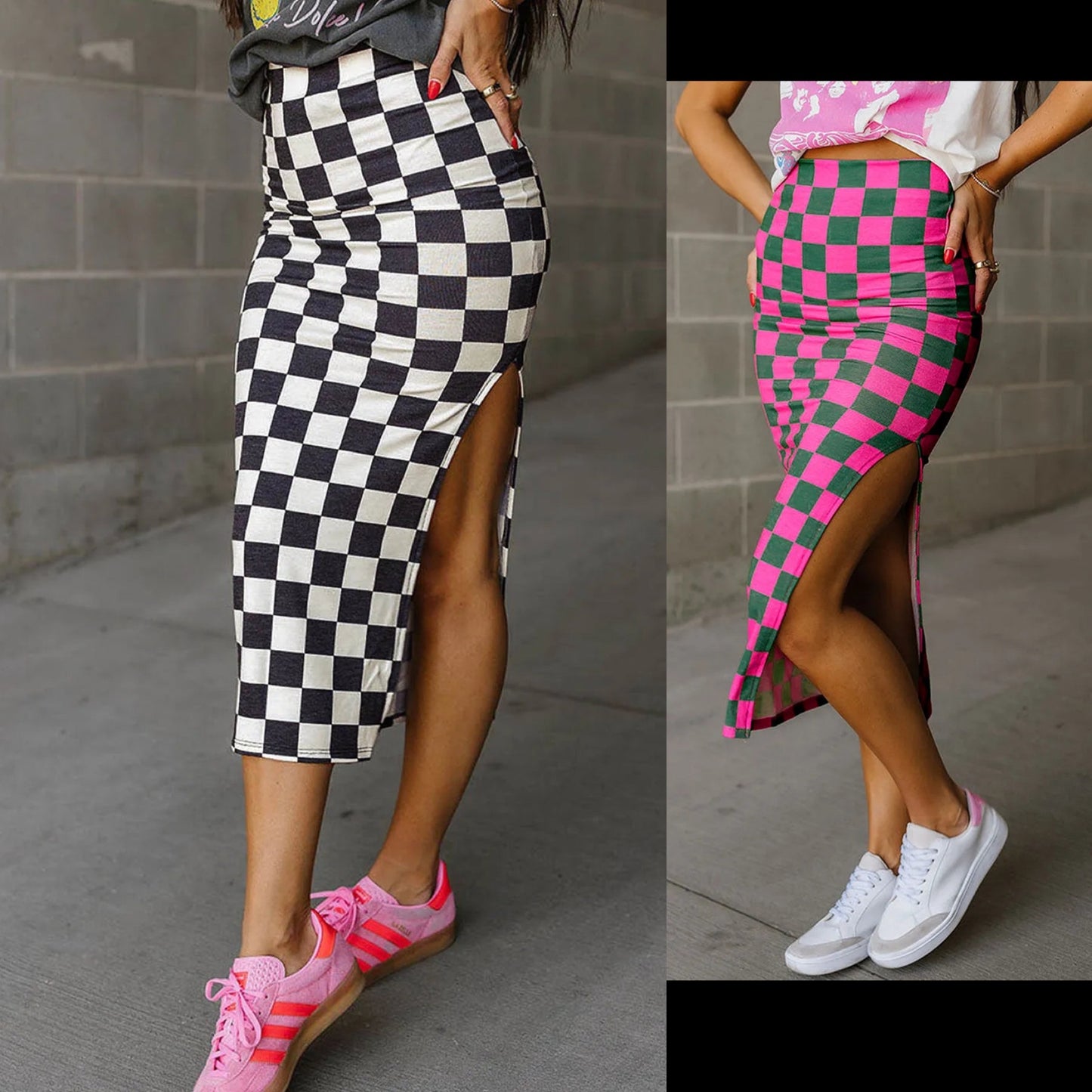 Split Checkered Midi Skirt