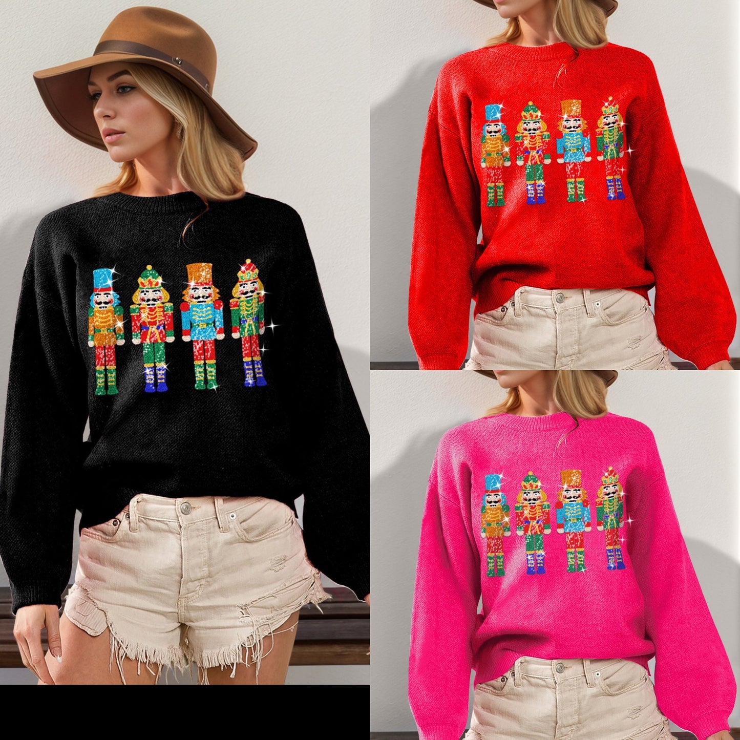 Double Take Full Size Sequin Nutcracker Long Sleeve Sweater