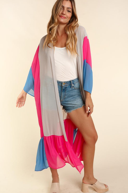 PLUS COLOR BLOCK KIMONO MAXI OPEN CARDIGAN