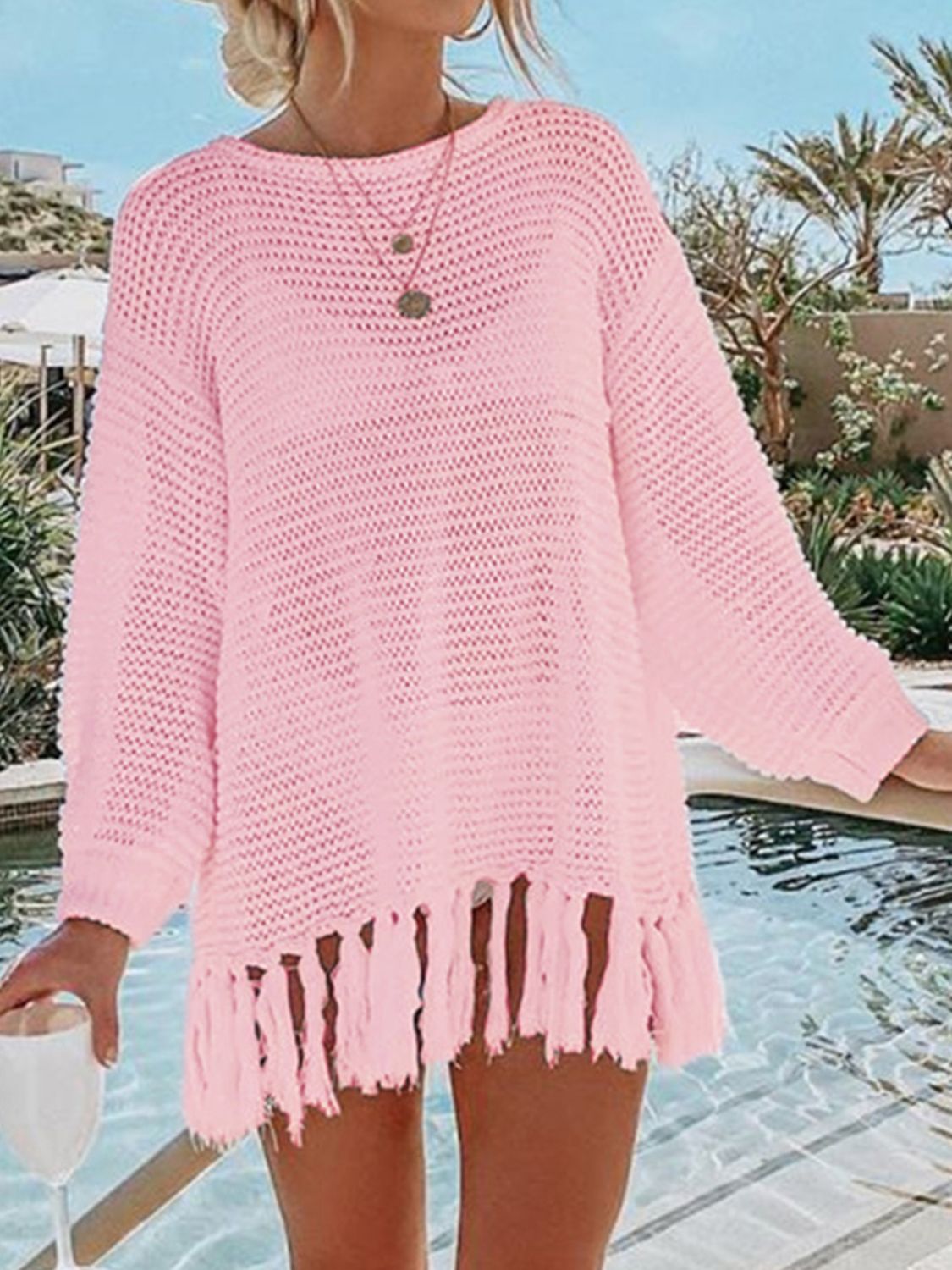 Angel Wings Openwork Tassel Hem Long Sleeve Knit Cover Up