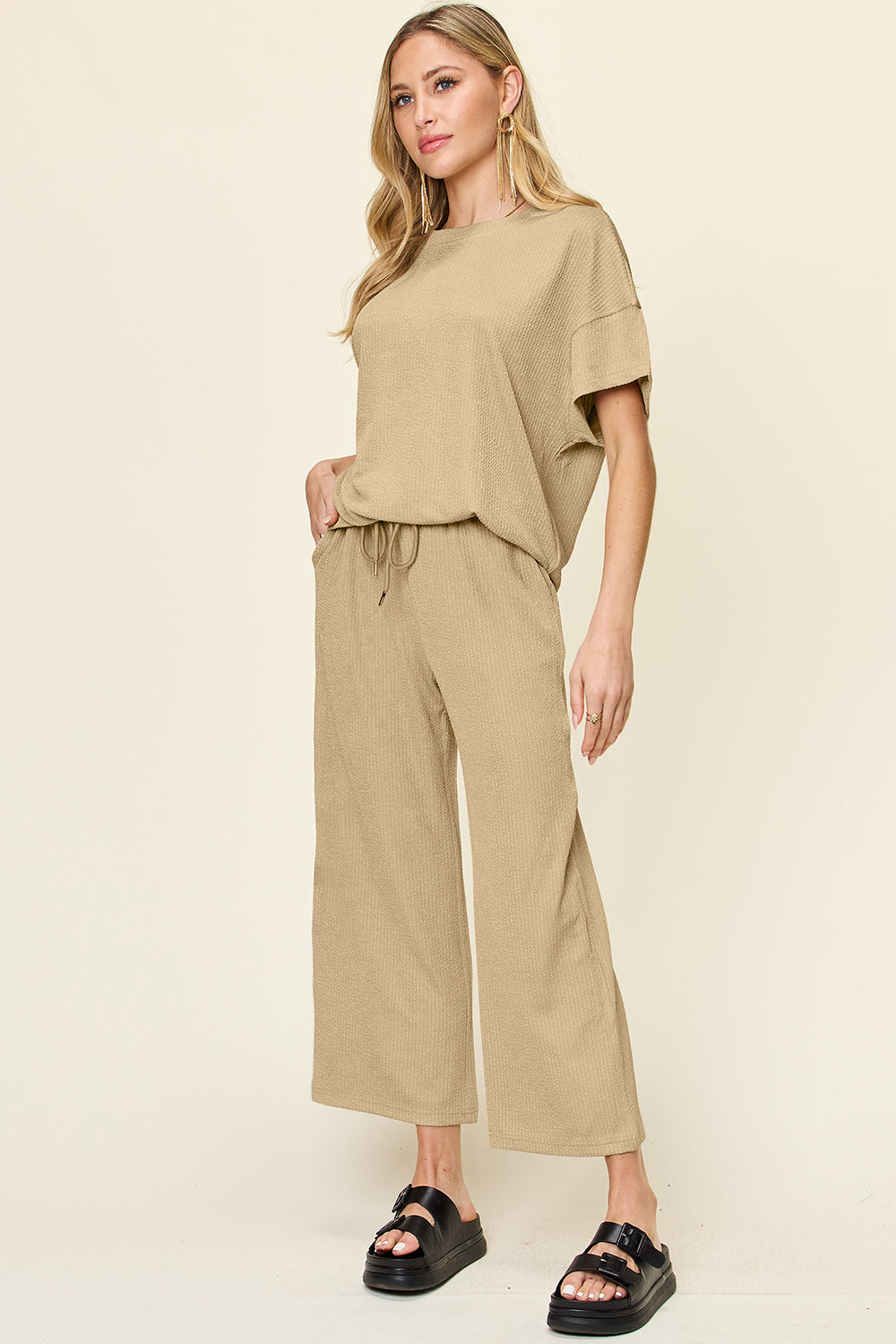 Double Take Full Size Texture Round Neck Short Sleeve T-Shirt and Wide Leg Pants Set