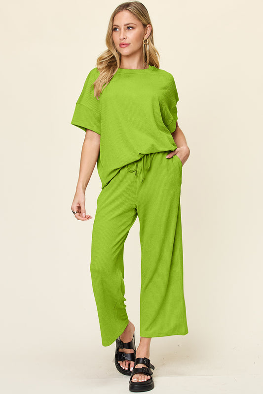 Double Take Full Size Texture Round Neck Short Sleeve T-Shirt and Wide Leg Pants Set